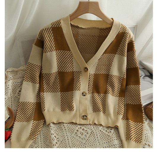 Plaid Low Collar Single-breasted Knitwear Cardigan