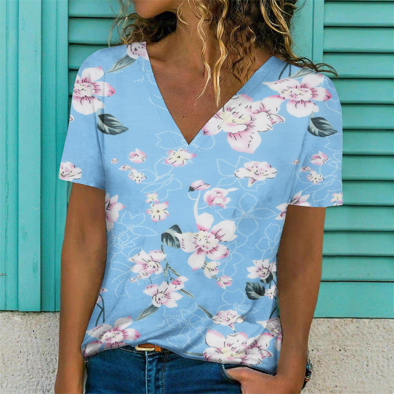 Casual Floral Print Short Sleeve V-Neck Pullover