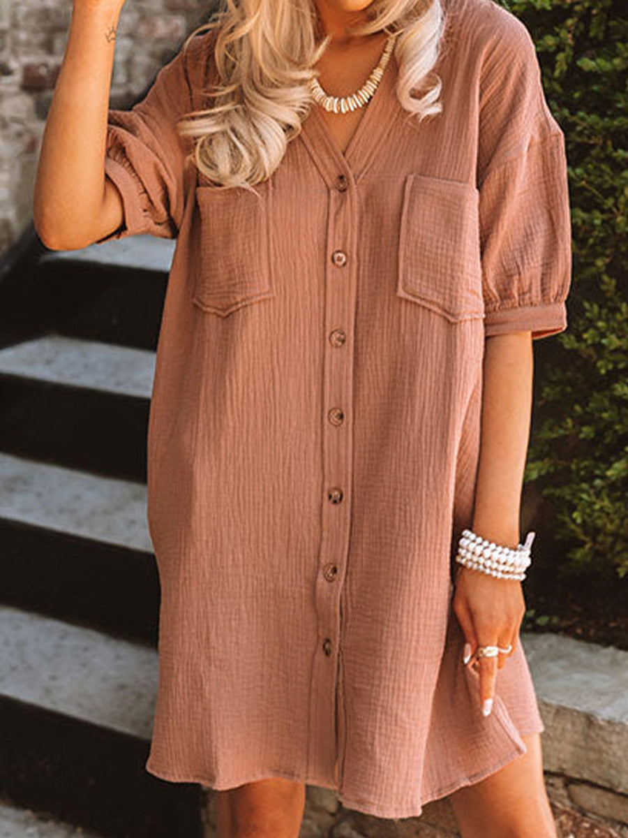 Summer Solid Color Thin Puff Sleeve Dress Women