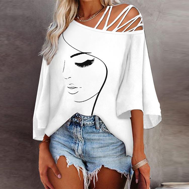 Off the Shoulder Fashion Stitching Loose Sleeve Casual Top