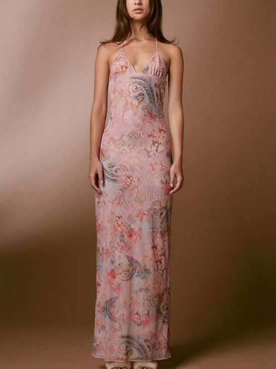 Floral Print Halter Spaghetti Strap Maxi