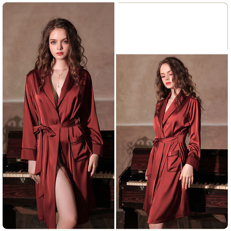 Imitation Silk Private Room Mid-length Nightgown Bathrobe Set