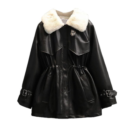 Winter Fashion Temperament Waist-controlled Fleece-lined Leather Coat