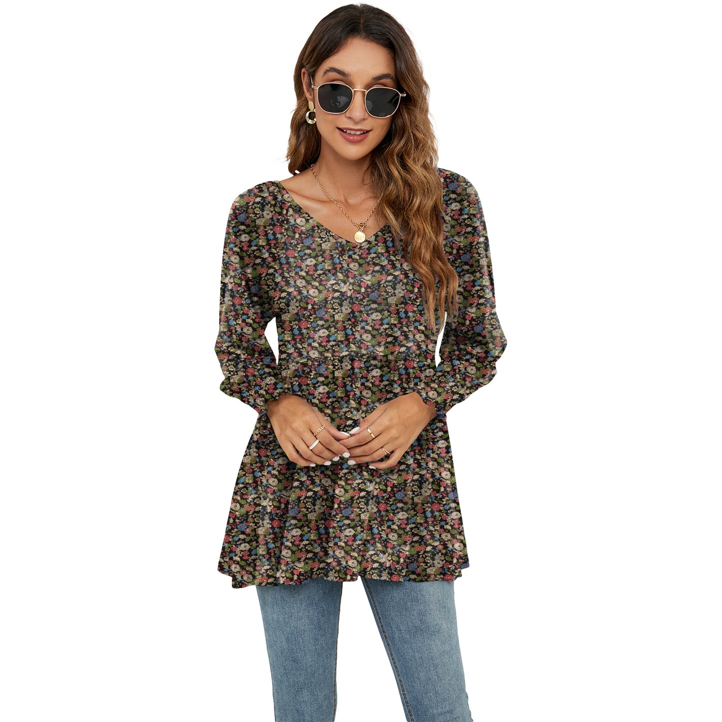 Floral Print Casual V-Neck Long Sleeve Blouse