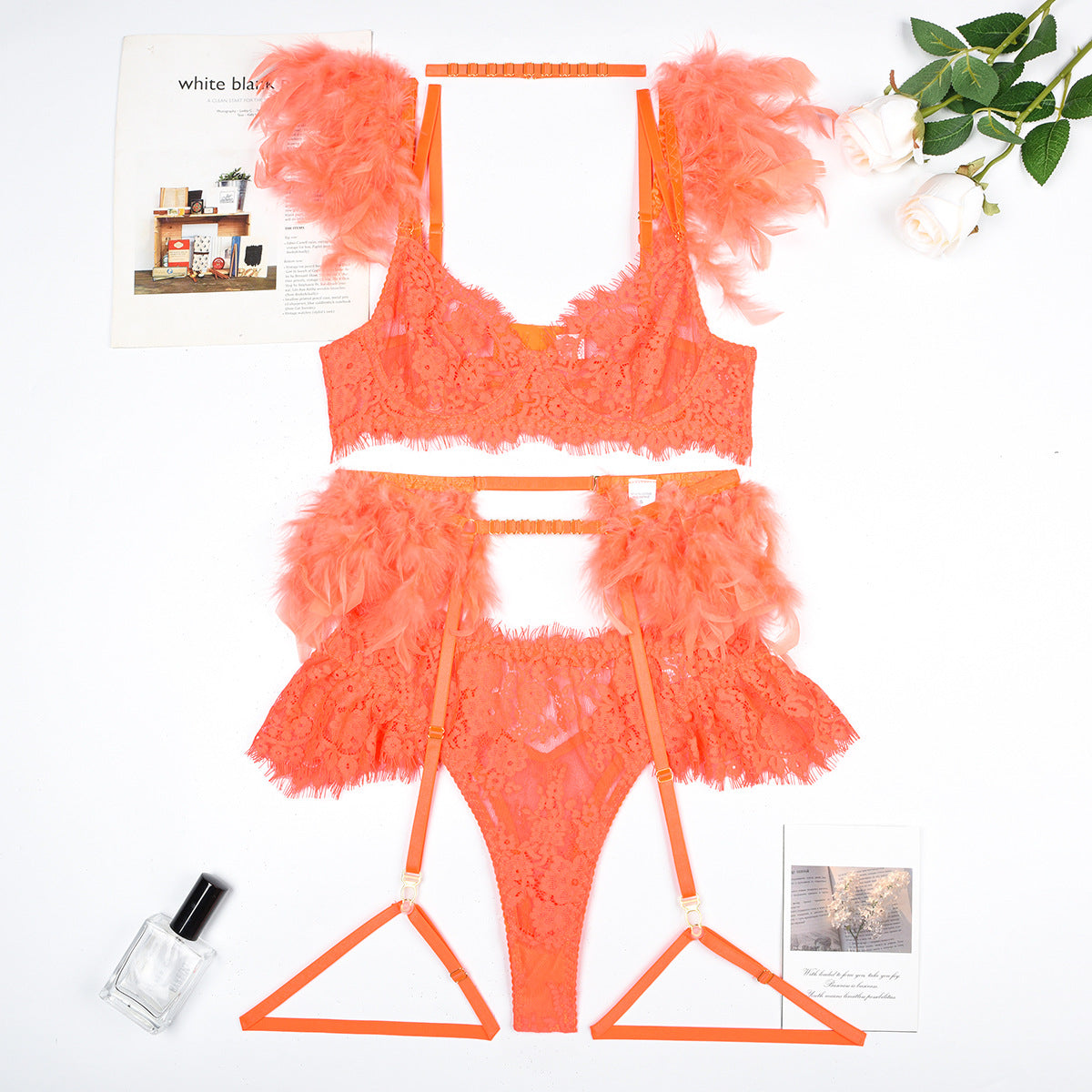 Feather Trim Lace Lingerie Set