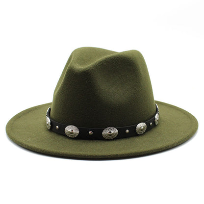 Flat Brim Fedora With Metal Belt