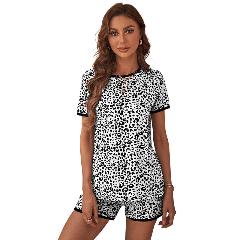 Casual Homewear Black White Leopard Print Short Sleeve Shorts Pajama Set