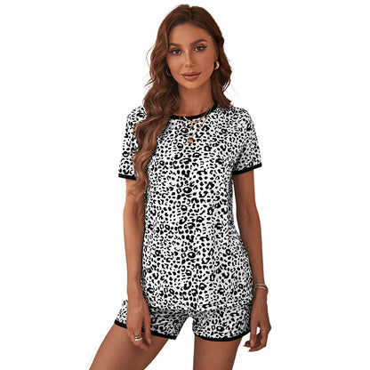 Casual Homewear Black White Leopard Print Short Sleeve Shorts Pajama Set