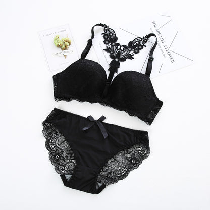 Floral Lace Embroidery Mesh Back Front Buckle Bow Detail Underwear Set