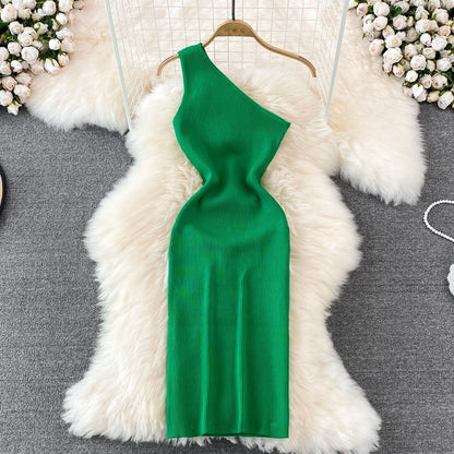 One Shoulder Sleeveless Knitted Bodycon