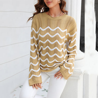 Wave Stitch Embroidery Long Sleeve Sweater