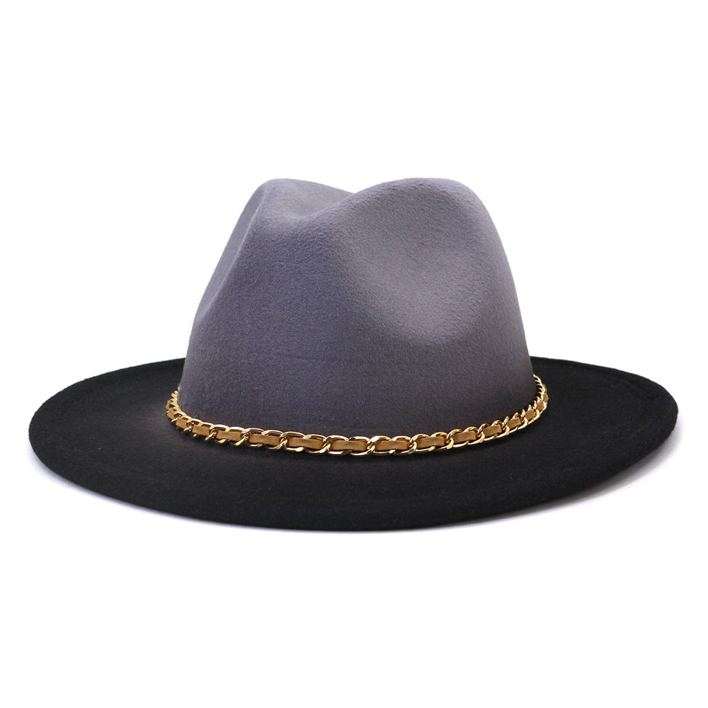 Gold Link Chain Detail Flat Brim Woolen Jazz Hat