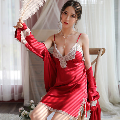 Ice Silk Lace Hem Embroidery Night Dress Set