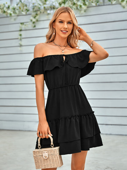 Off the Shoulder Pleated Casual Solid Color Dress Women