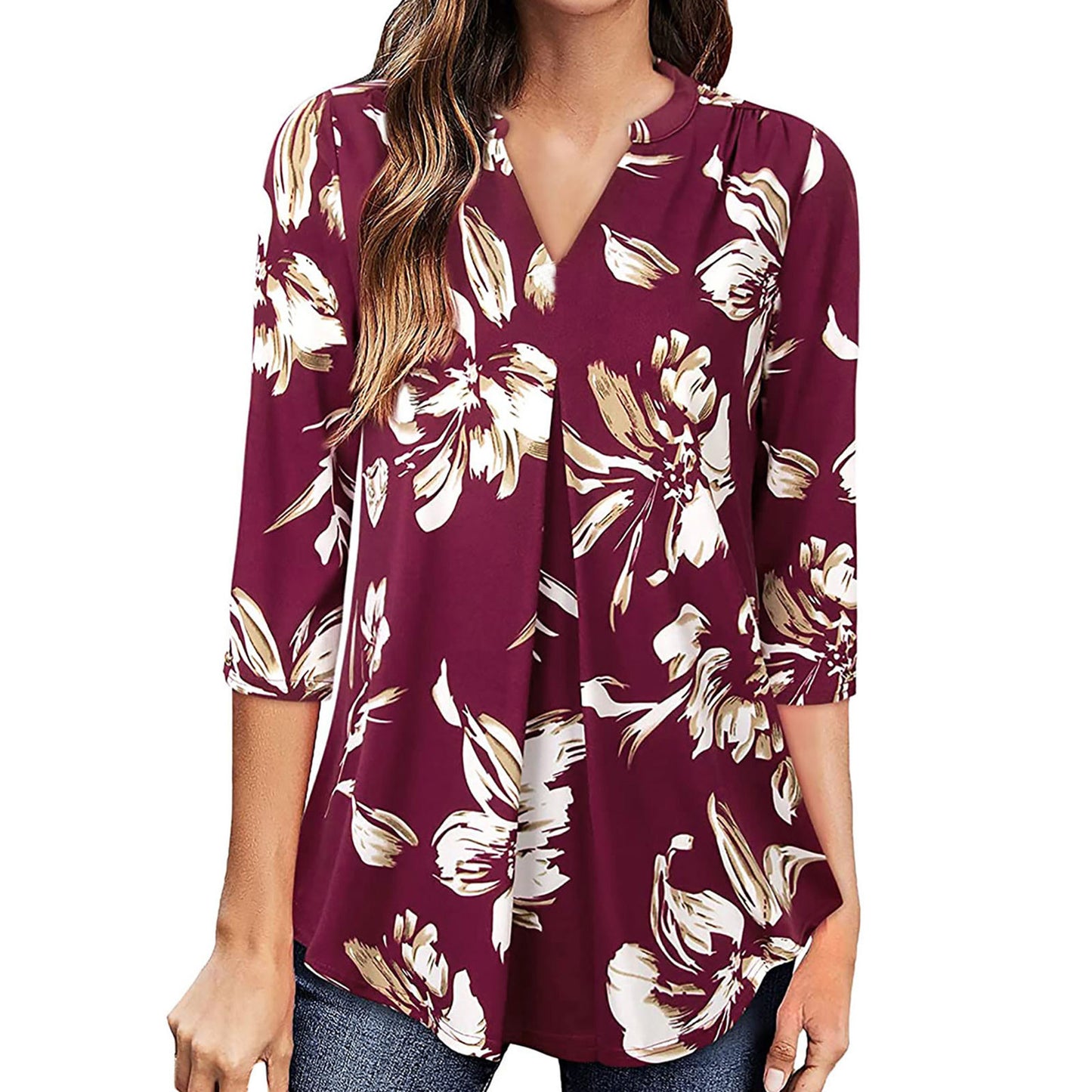 Flowers Print V Neck Long Sleeve Blouse