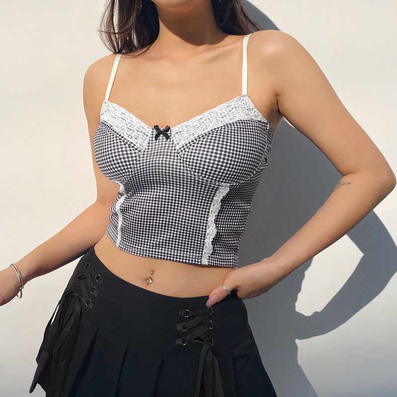 Lace Trim Bow Plaid Crop Top