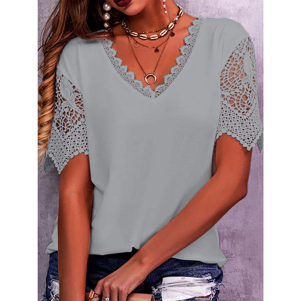 Loose V Neck Short Sleeve Lace Top