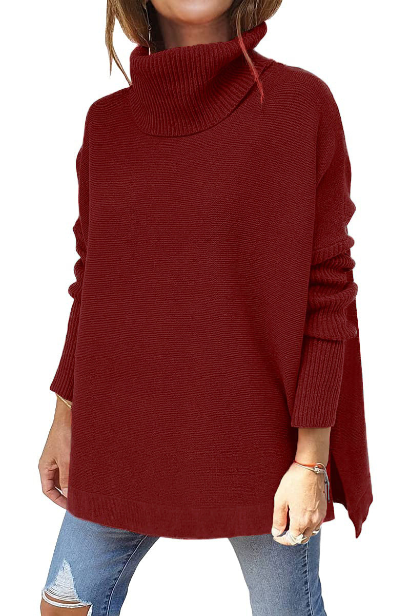 Turtleneck Sweater Mid Length Batwing Sleeve Slit Hem Tunic Pullover