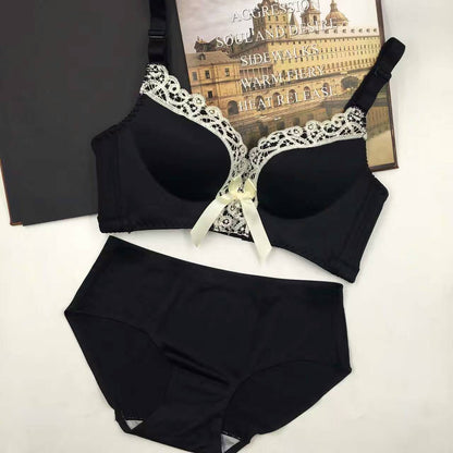 Mesh Lace Embroidery Eibbon Detail Push Up Bra and Panties Set