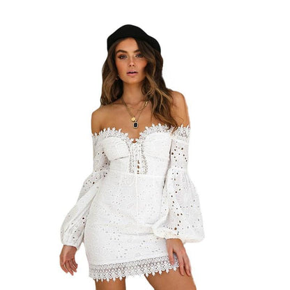 White Off the Shoulder Lace Hem Detail Boho Mini