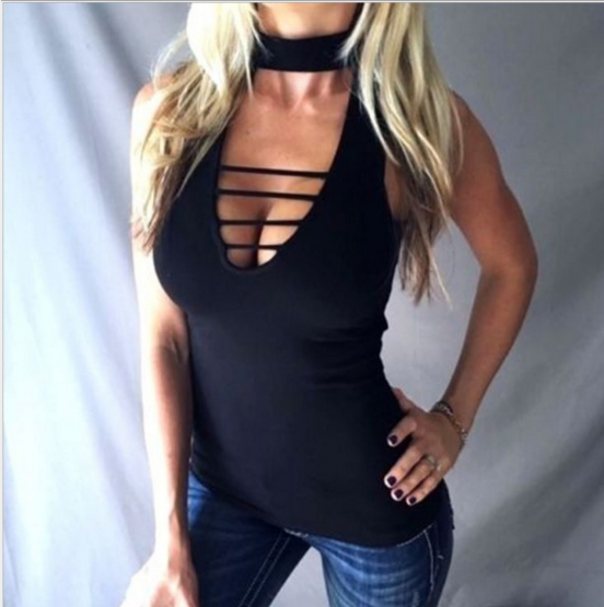 Casual Lace Up Hollow Out V neck Choker Sleeveless Bodycon Top