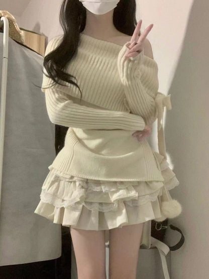 Off the Shoulder Long Sleeve Fold Over Knitwear Dress