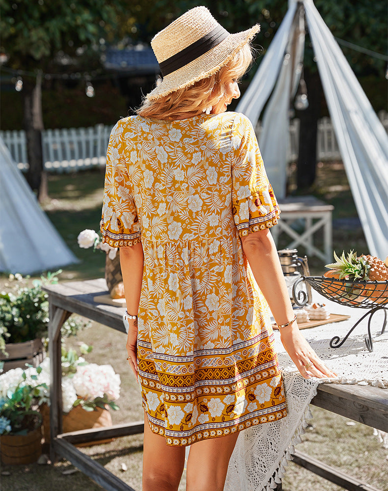 Casual Loose Floral Puff Sleeve Summer Dress