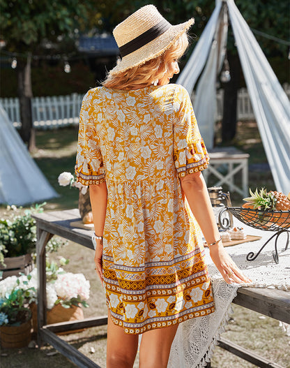 Casual Loose Floral Puff Sleeve Summer Dress