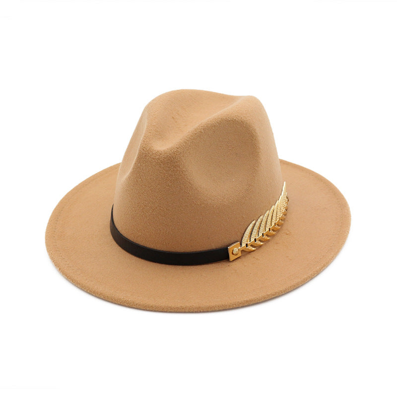 Gold Feather Detail Leather Strap Fedora