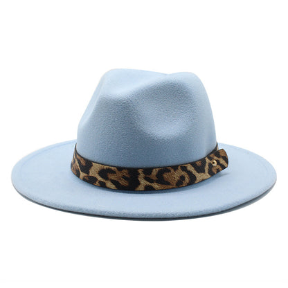 Leopard Print Detail Woolen Flat Brim Fedora