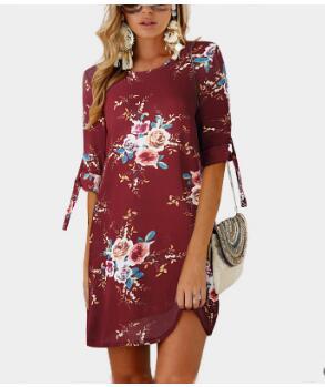 Middle-sleeve Floral-print Lace-up Crew Neck Dress