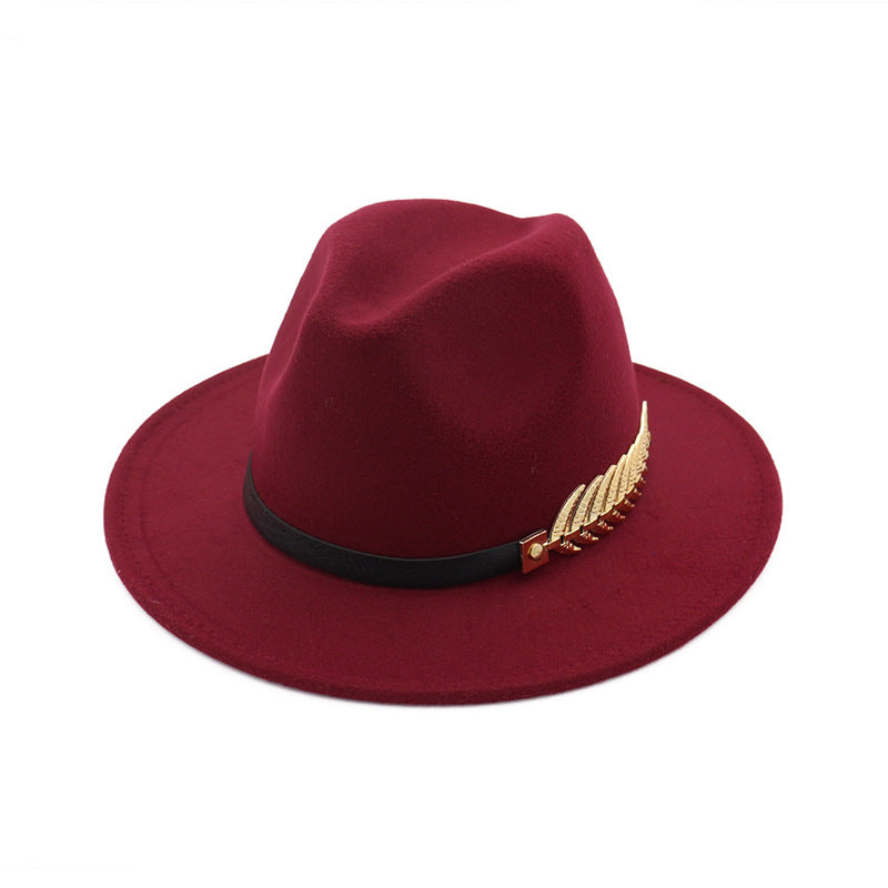 Gold Feather Detail Leather Strap Fedora