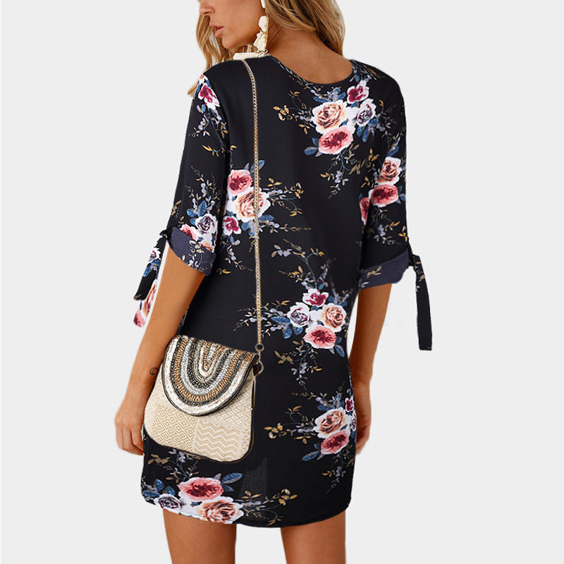 Middle-sleeve Floral-print Lace-up Crew Neck Dress