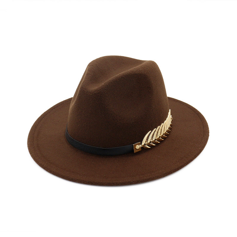 Gold Feather Detail Leather Strap Fedora