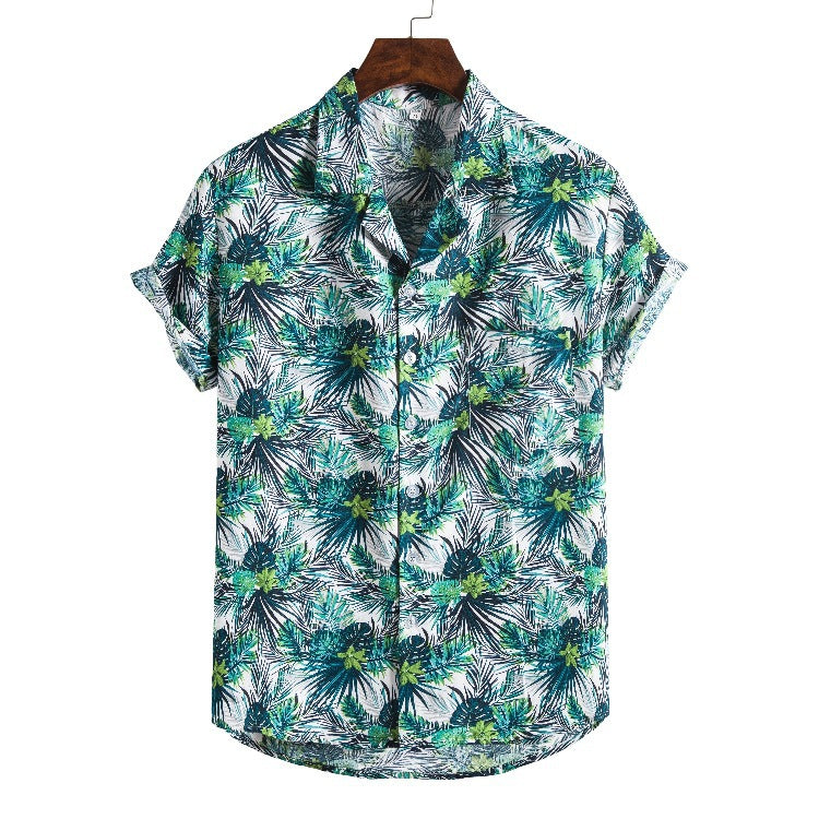 Resort Style High-quality Silk Cotton Short-sleeved Lapel Flower Shirt