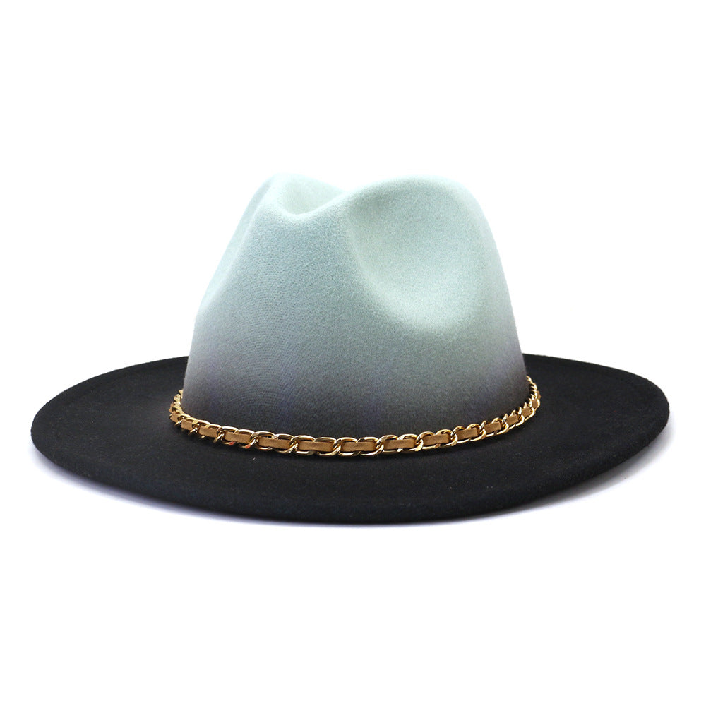 Gold Link Chain Detail Flat Brim Woolen Jazz Hat