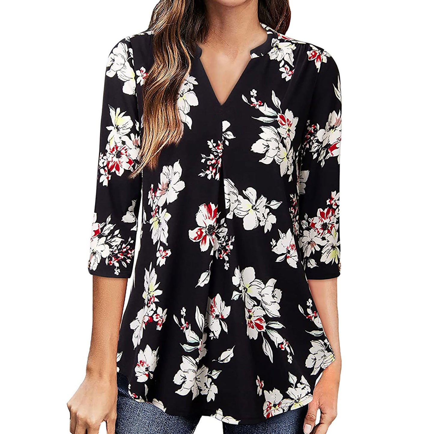 Flowers Print V Neck Long Sleeve Blouse