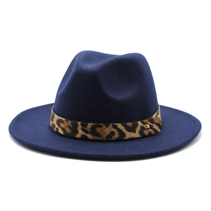 Leopard Print Detail Woolen Flat Brim Fedora