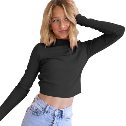 White Long Sleeve Knitted Mock Neck Crop