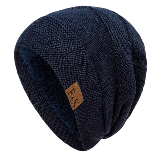 Fleece-lined Woolen Hat Winter Knitting Solid Color Sewed Label Horizontal Bar Warm Pullover Beanie