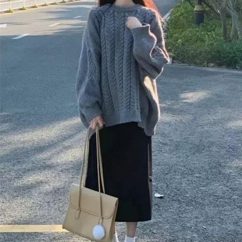 Loose Pullover Cable Knit Knitwear Bottoming Sweater For Women