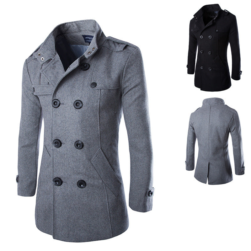 Slim-fit Double-breasted Mid-length Woolen Coat