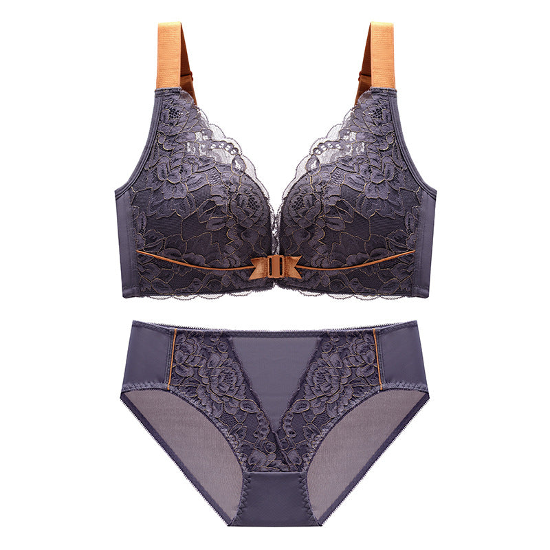 Front Close Bow Detail Scallop Mesh Bra and Underwear Set