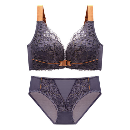 Front Close Bow Detail Scallop Mesh Bra and Underwear Set