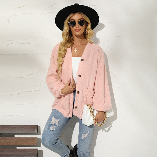 Solid Color Little Teddy Plush Cardigan Casual Jacket