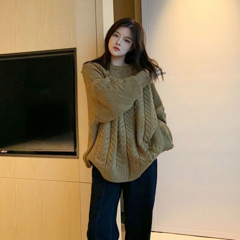 Loose Pullover Cable Knit Knitwear Bottoming Sweater For Women