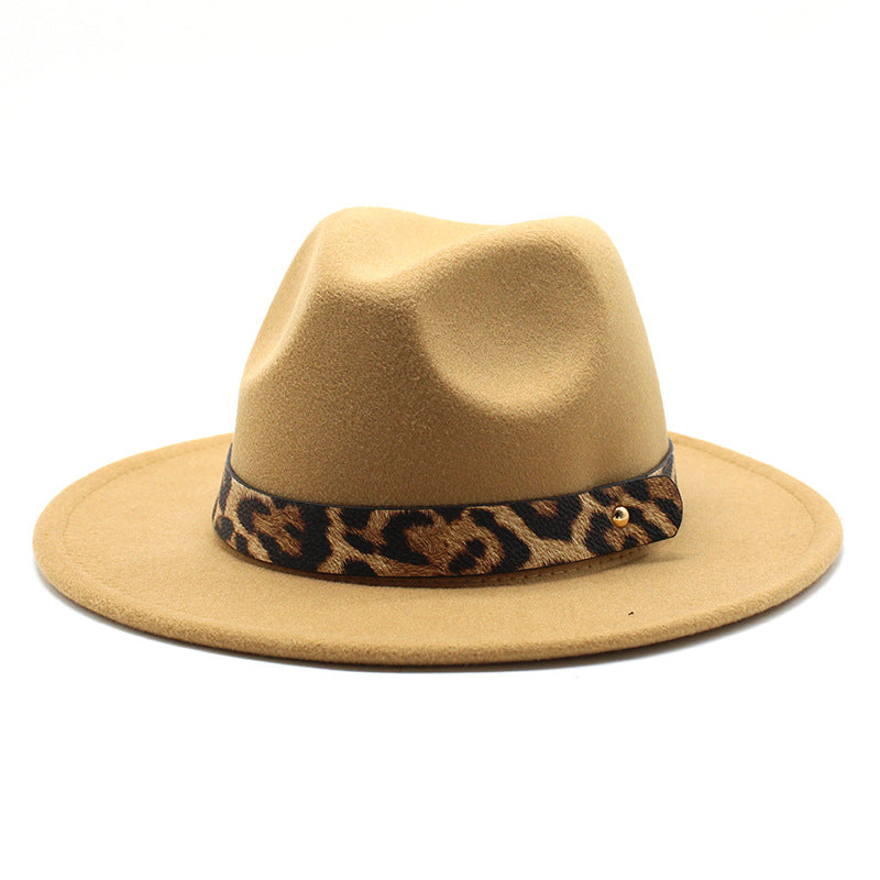 Leopard Print Detail Woolen Flat Brim Fedora