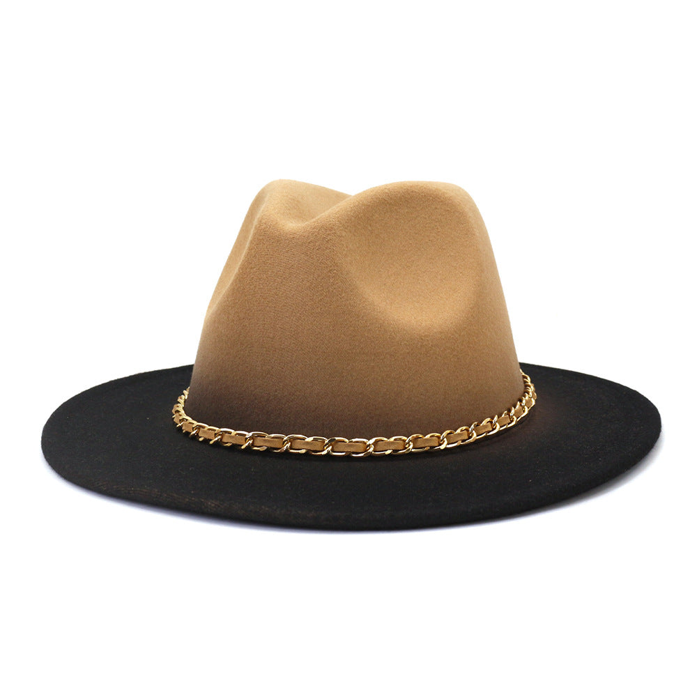 Gold Link Chain Detail Flat Brim Woolen Jazz Hat