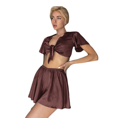 Brown French Ice Silk Pajamas Women's Summer Satin Satin Short-sleeved Top Pajama Pants Suit