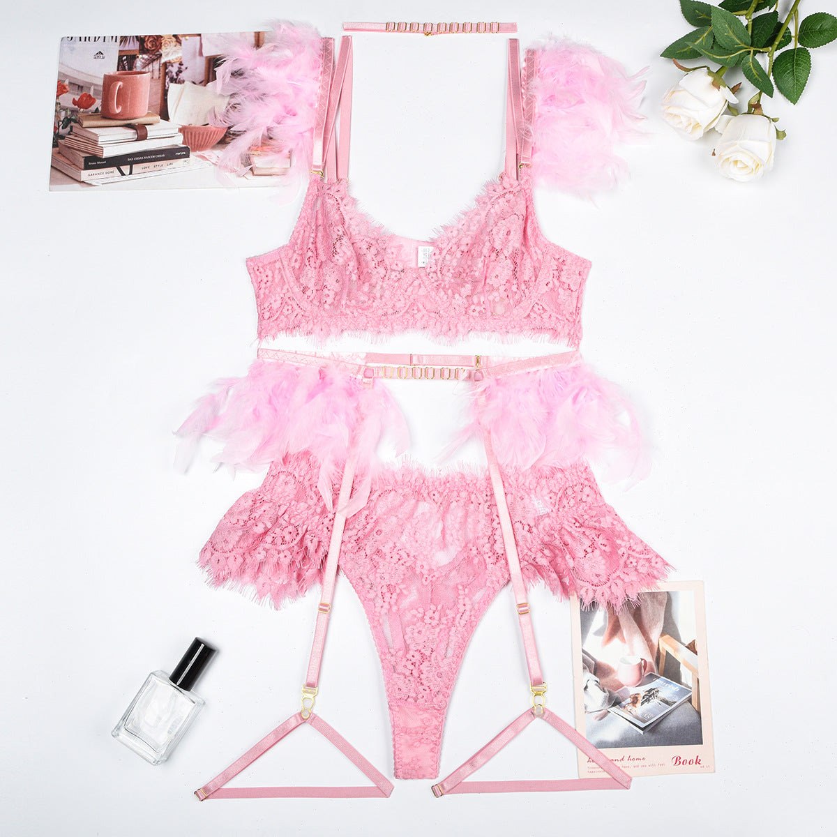 Feather Trim Lace Lingerie Set